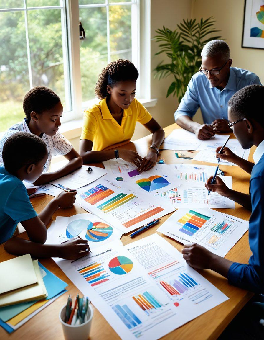 An engaging visual featuring a diverse group of people studying different insurance documents around a large table, highlighting various insurance types such as health, auto, and home. Include charts illustrating benefits and savings, with a warm, inviting atmosphere. Soft sunlight streaming through a window, creating a sense of collaboration and learning. Illustrative style with vibrant colors. super-realistic.