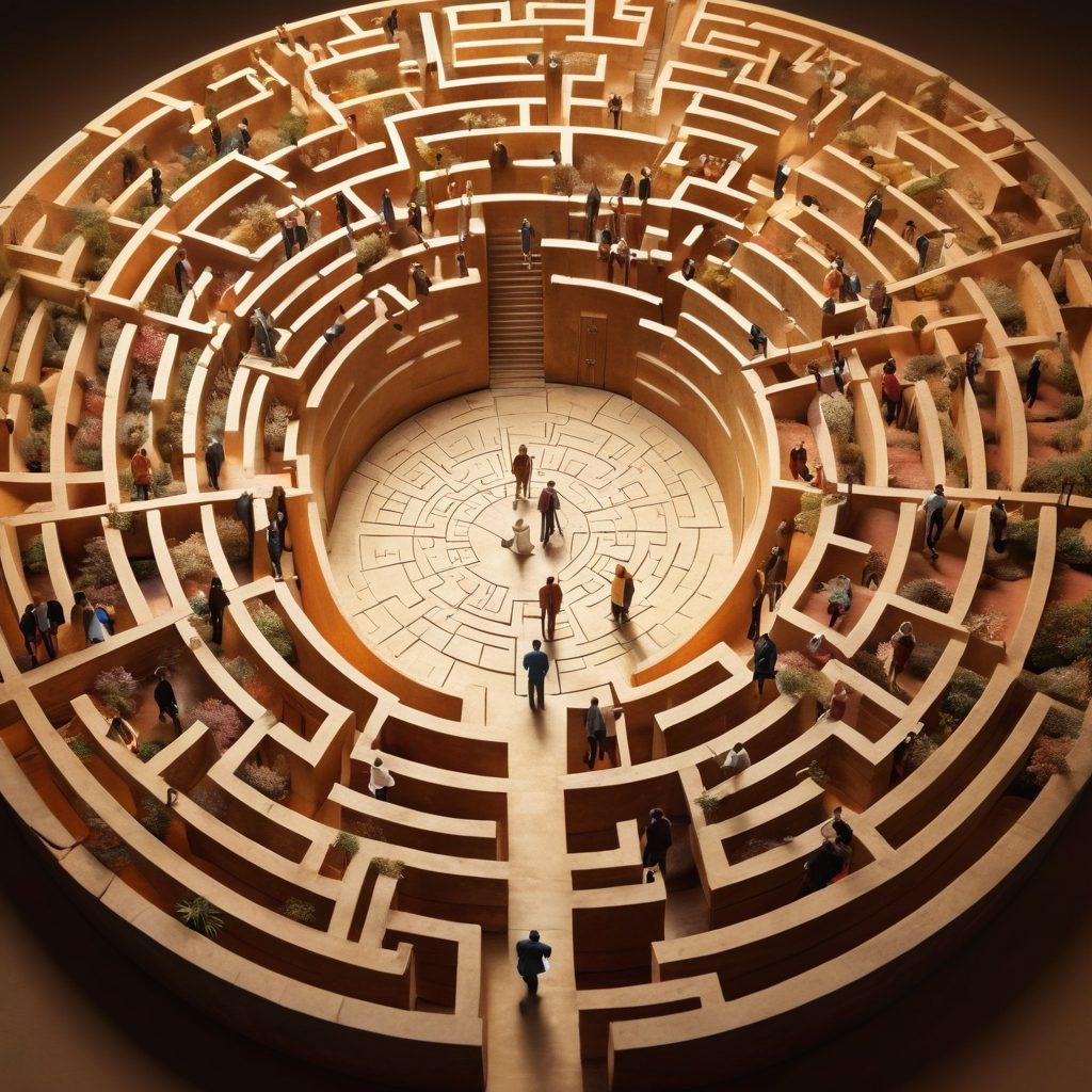 An intricate labyrinth symbolizing the confusing world of insurance, with pathways leading to different sections labeled 'Coverage', 'Claims', and 'Financial Security'. In the foreground, a diverse group of people holding a map, looking determined as they navigate through it. Soft light illuminating the maze, casting gentle shadows. The overall atmosphere is hopeful and guiding, promoting a sense of direction in complexity. vibrant colors. super-realistic.
